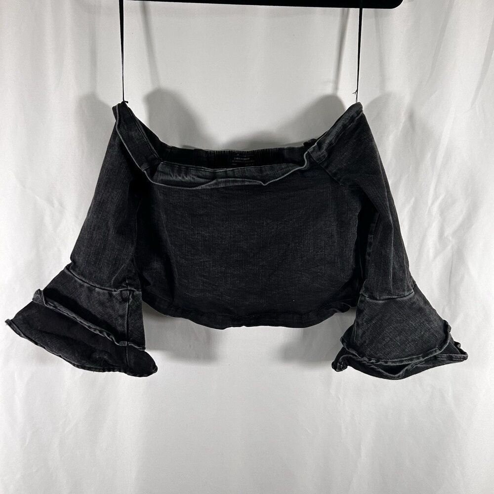 Zara Woman Crop Top Women's Large Black Smocked Off the Shoulder Bell 1/2 Sleeve